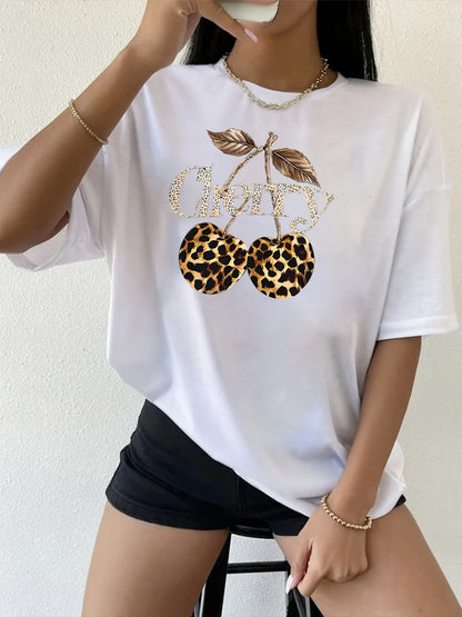Women's Casual Cherry Print T-Shirt with Leopard Print Cherries & Letter Design - Short Sleeve, Crew Neck  Ladies T Shirts