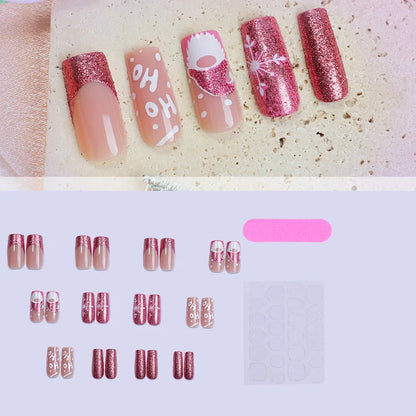 24PCS Shiny Pink Merry Christmas Press-On Nails – Short Square Santa & Snowflake Design 🎅❄️💅
