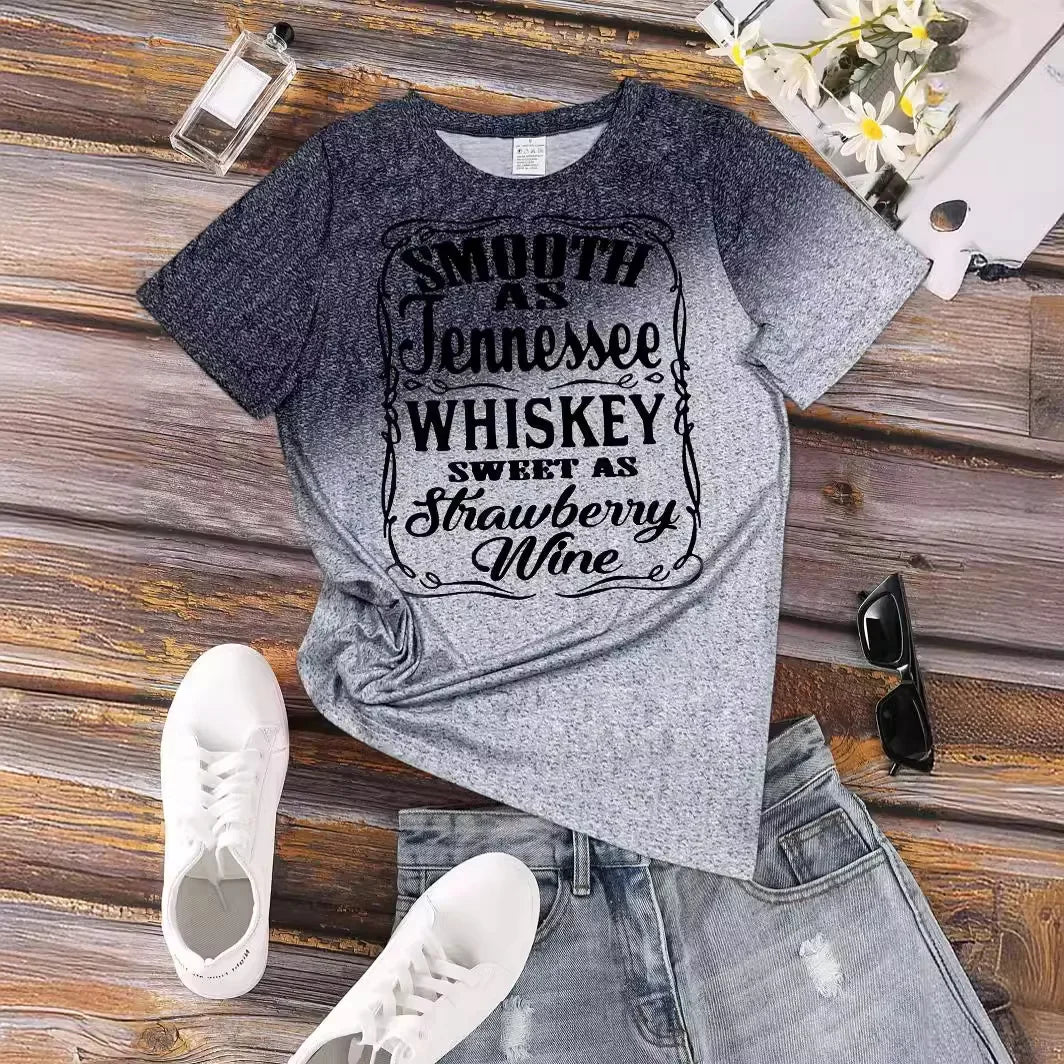 Vintage Letter Print Round Neck Loose-Fit Short Sleeves T-Shirt Top Women's Polyester Crew Neck T-Shirt
