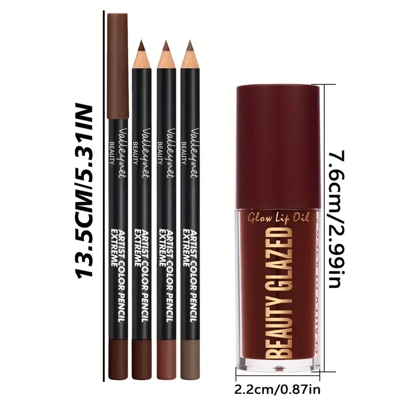 4PCS Dark Brown Lip Kit – Lip Liner + Lip Glaze, Waterproof & Long-Lasting Matte Finish