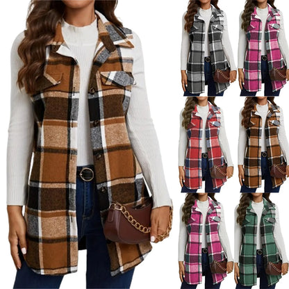 Check Print Sleeveless Jacket with Flap Details – Stylish Plaid Sleeveless Coat for Women