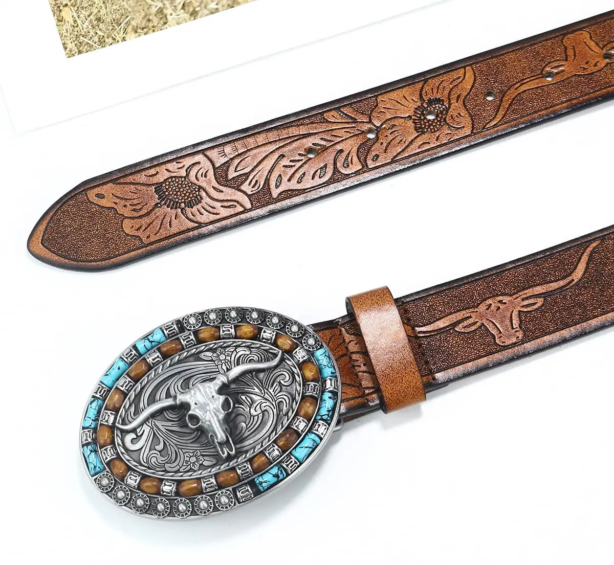 Western Cowboy Cowgirl PU Belts - Women Men Turquoise Embossed Waist Belts With LongHorn Bull Buckles Fit