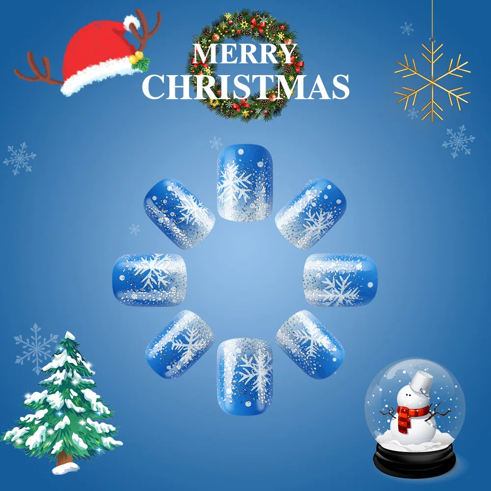 24pcs Merry Christmas Press On Nails Glitter Blue Short Square False Nail With Snowflake Designs French Fake Nail