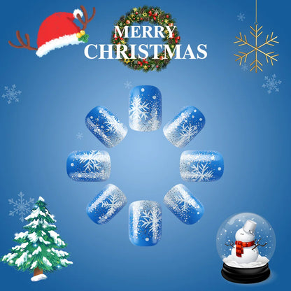 24pcs Merry Christmas Press On Nails Glitter Blue Short Square False Nail With Snowflake Designs French Fake Nail