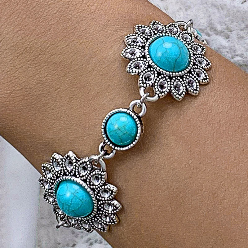 Vintage Green Stone Bracelets for Women Luxury Crystal Stone Flowers Opening Bangle Adjustable Jewelry Accessories
