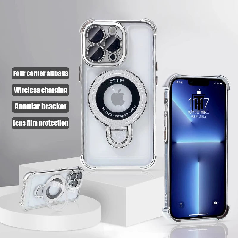 New Strong Magsafe Magnetic Ring Stand for iPhone 16 15 14 13 11 12 Pro Max Plus Military Shockproof Slim Plating Clear Cover