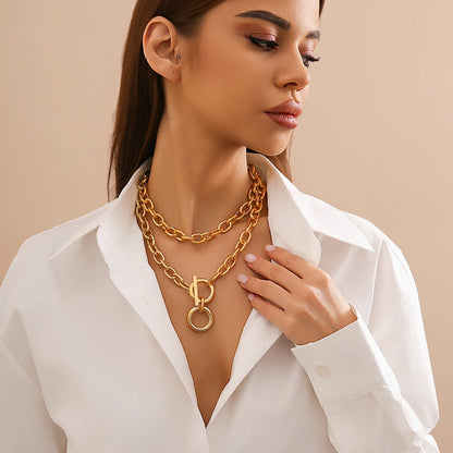 Exaggerated Chunky Link Chain Choker for Women Big Ring OT-clasp Pendant Necklace