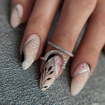 24pcs Detachable Almond French False Nails DIY Glitter Design Press on Nails Fake Nials DIY Manicure Nail Tips