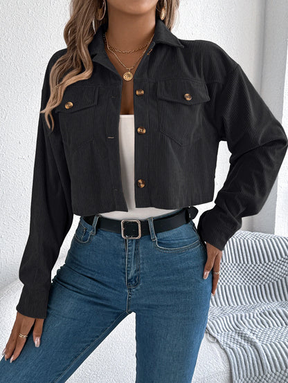 Crop Jacket Woman Casual Pocket Single Breasted Long Sleeve Lapel Black Pink Khaki Short Corduroy Coats