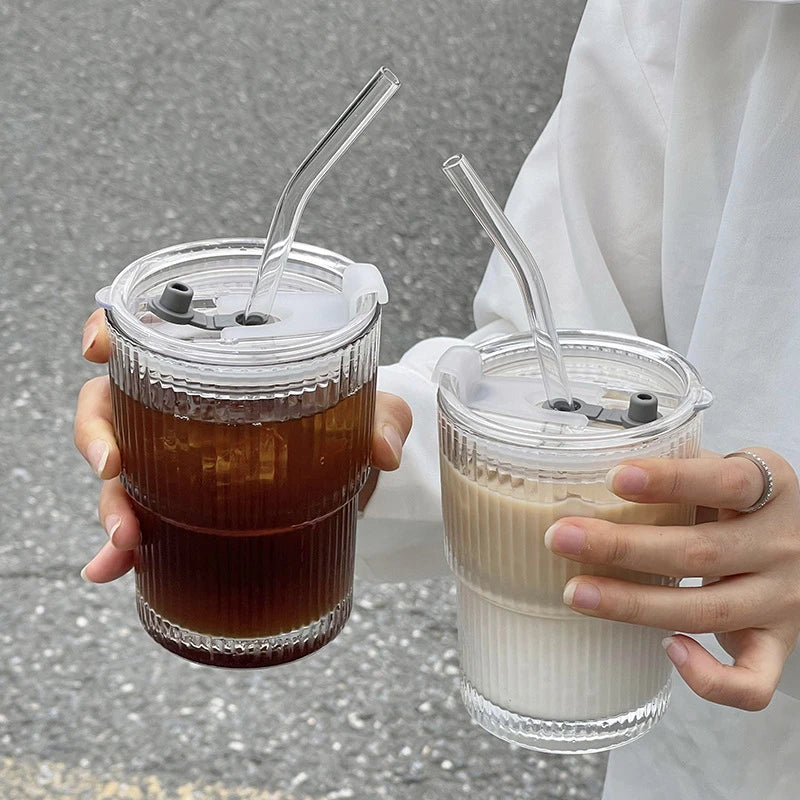 1/2PCS Stripe Glass Cup with Lid and Straw Transparent Glasses Drinkware Cup Ice Coffee Mug Tea Milk Juice Water Cup Glass Mug