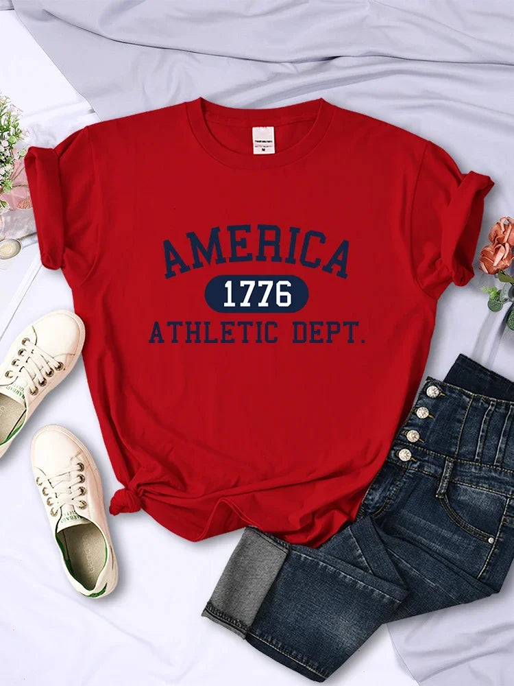 America 1776 Athletic Dept Letter T-Shirt Female Sport Casual Top Cool Hip Hop Tee Shirt Soft Breathable T Shirt Women