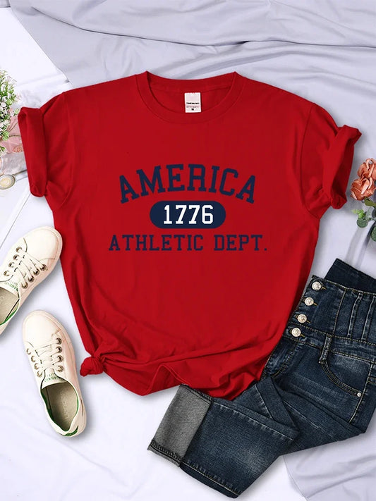 America 1776 Athletic Dept Letter T-Shirt Female Sport Casual Top Cool Hip Hop Tee Shirt Soft Breathable T Shirt Women