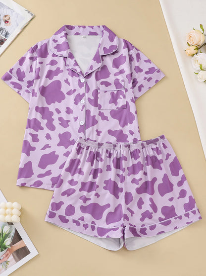 Two-piece set of women's pajamas lapel top and trousers cow pattern summer casual women's pajamas home wear