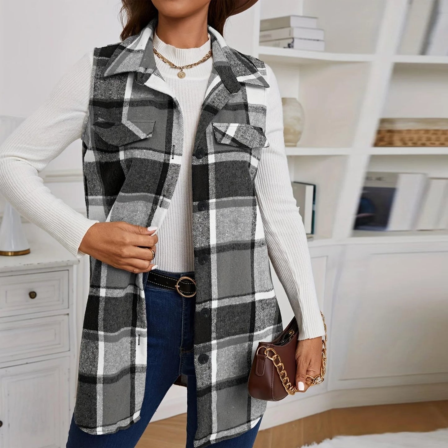 Check Print Sleeveless Jacket with Flap Details – Stylish Plaid Sleeveless Coat for Women