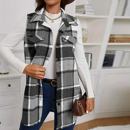 Check Print Sleeveless Jacket with Flap Details – Stylish Plaid Sleeveless Coat for Women