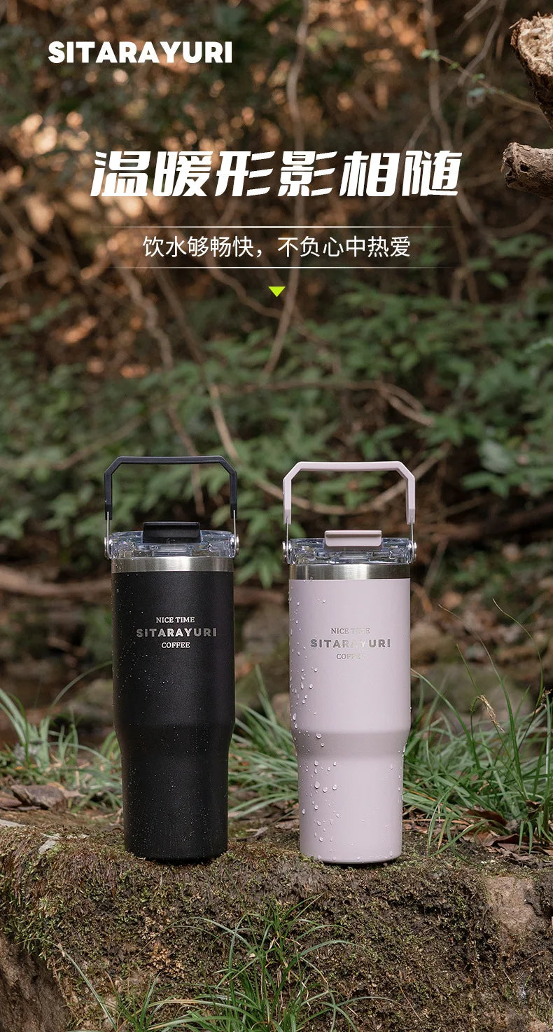 600-900ML Large Capacity Handheld  Stainless Steel Thermos Bottle Bing Ba Water Bottle Double Drinking Straw Thermo Bottle