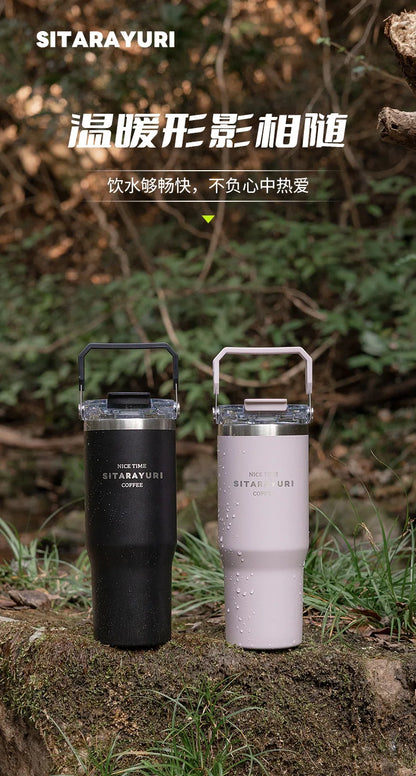 600-900ML Large Capacity Handheld  Stainless Steel Thermos Bottle Bing Ba Water Bottle Double Drinking Straw Thermo Bottle