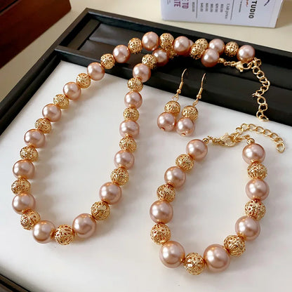 French Retro Geometric Pearl Necklace Earring Fashion Design Temperament Collarbone Chain Light Luxury High-end Jewelry Sets