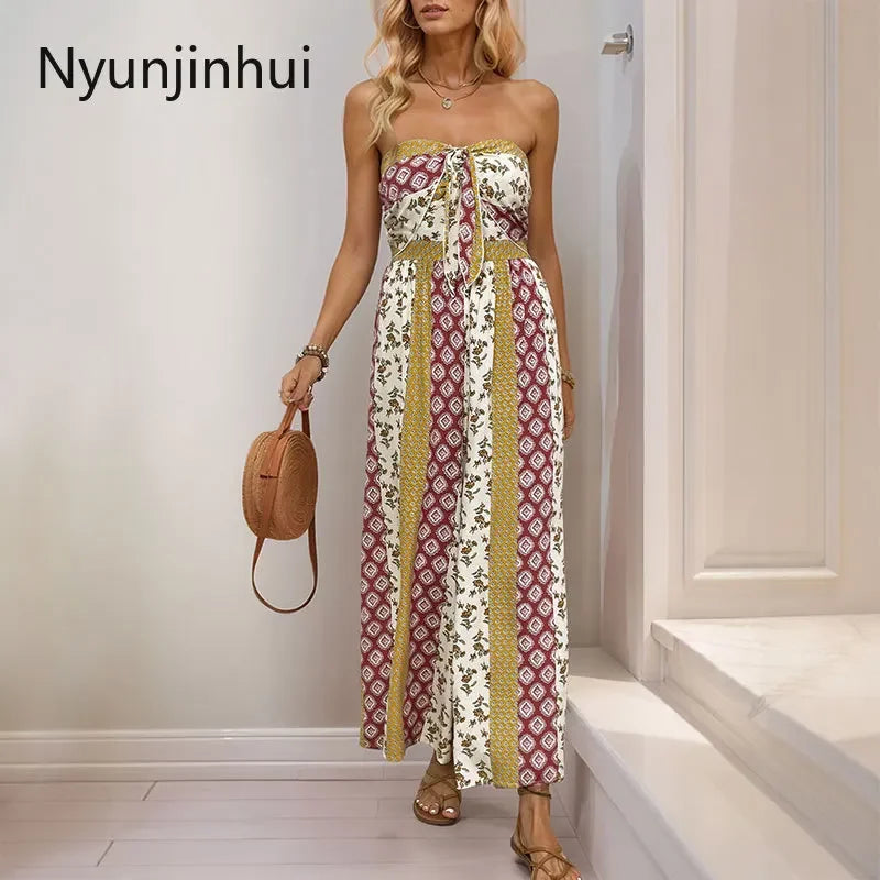 European and American Jumpsuits for Women Clothing Vacation Style Sleeveless Tube Top Geometric Printing Jumpsuit
