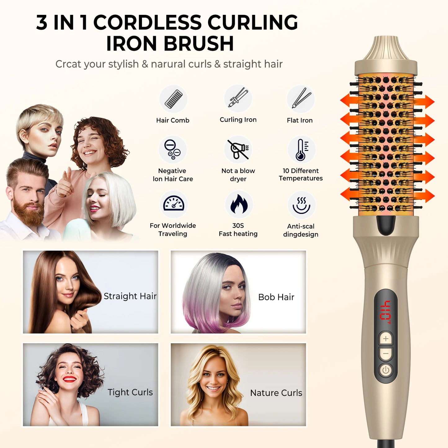 Thermal Brush One-Step Hot Air Brush&volumizer Hair Curler Straightener Hair Styling Brush Professional Curling Iron Heated GOLD