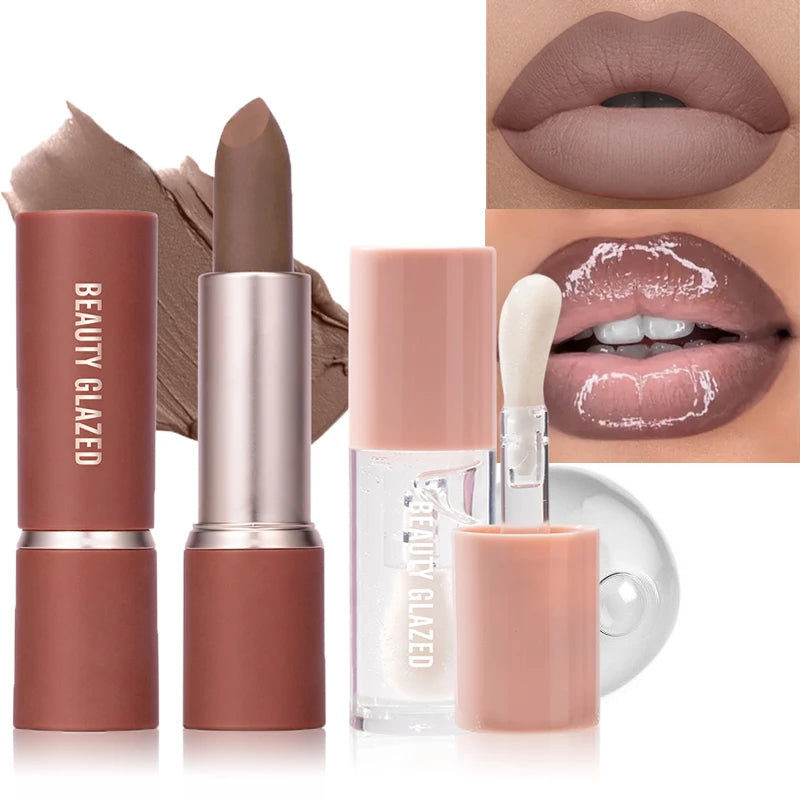 2Pcs/Set Matte Brown Lipstick+Translucency Lip Gloss Combo Kit,Easy Application, Non-Stick, Moisturizing
