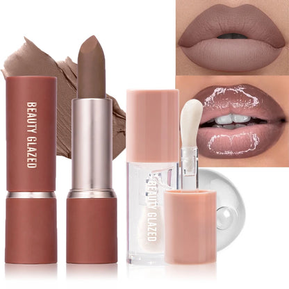 2Pcs/Set Matte Brown Lipstick+Translucency Lip Gloss Combo Kit,Easy Application, Non-Stick, Moisturizing