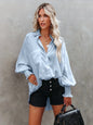 Women's Striped Print Button Front Frill Trim Raglan Sleeve Pocket Shirt, Clothes for Women, Going Out Tops, Shirts for Women, Casual Long Sleeve Shirred High Low Top for Daily Wear, Fall Tops Preppy 80s Clothes, Women's Clot