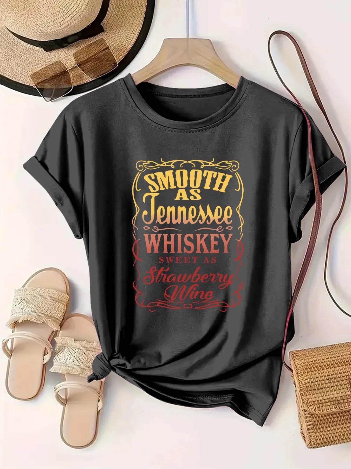 Plus Size Women's Round Neck Whiskey & Strawberry Wine themed Print Short Sleeve T Shirt Summer Casual Trendy Tops