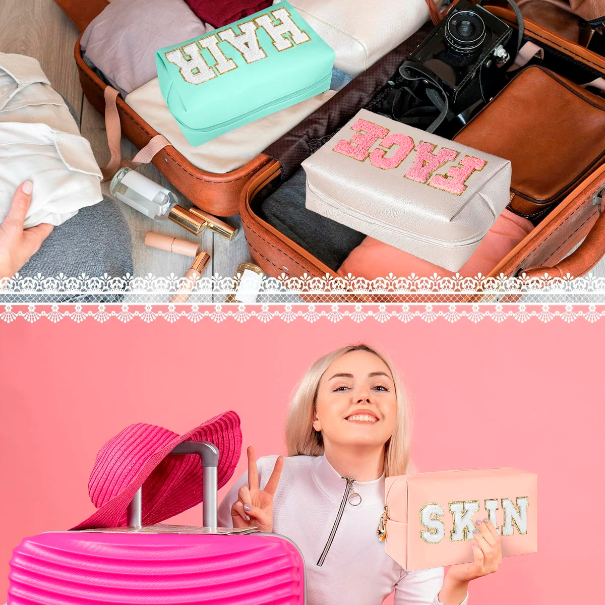 Chenille Letter Cosmetic Bag PU Leather Waterproof Pouch Cute Zipper Organizer, Skin, Hair and Face