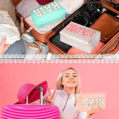 Chenille Letter Cosmetic Bag PU Leather Waterproof Pouch Cute Zipper Organizer, Skin, Hair and Face