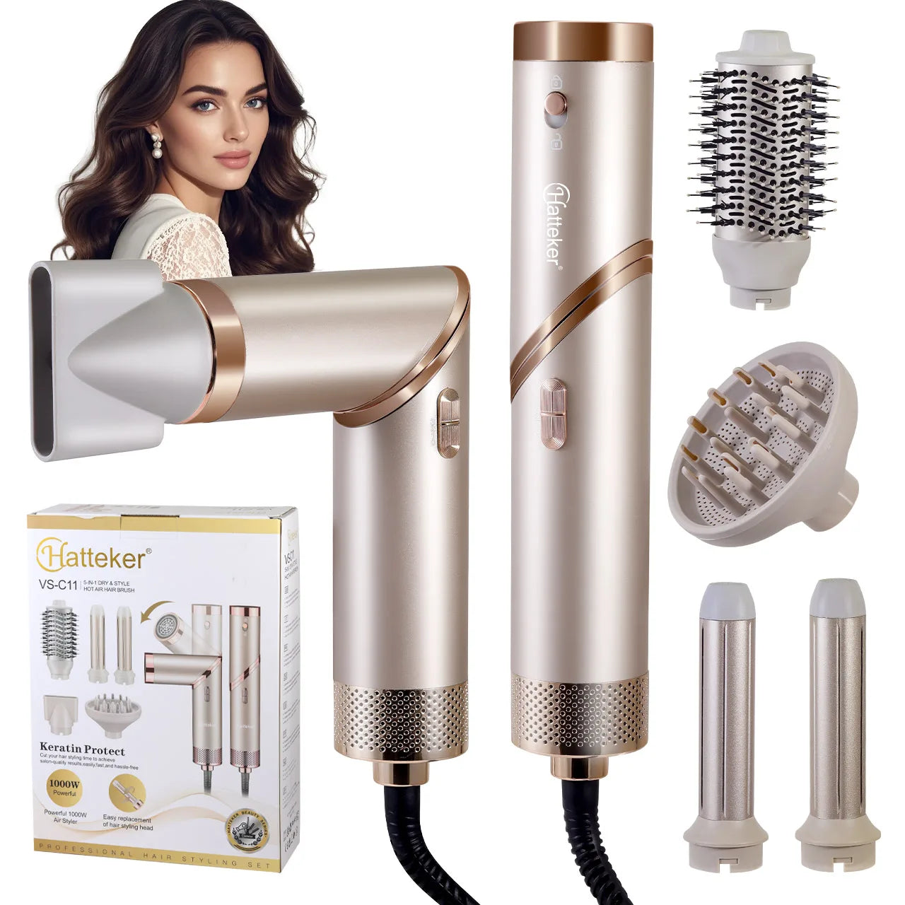 5-in-1 High-Speed Hair Dryer Brush – 38000 RPM Blow Dryer, Auto-Wrap Curlers, Fast Drying Ionic Hot Air Brush Styler & Volumizer