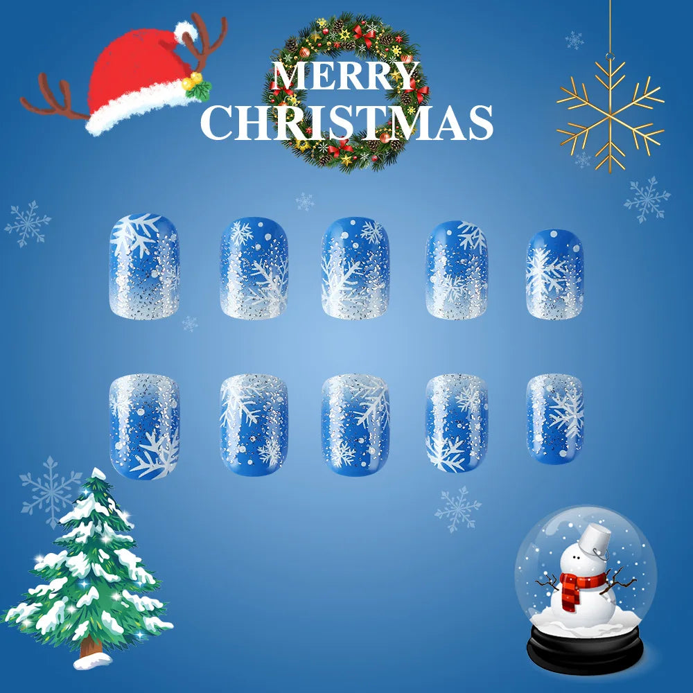 24pcs Merry Christmas Press On Nails Glitter Blue Short Square False Nail With Snowflake Designs French Fake Nail