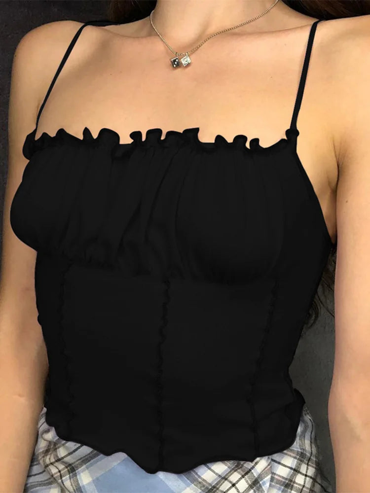 Women Ruffles Tank Top Fashion Ladies Sleeveless Strapless Ruched Slim Crop Top Camisole Female Clothing Tanks