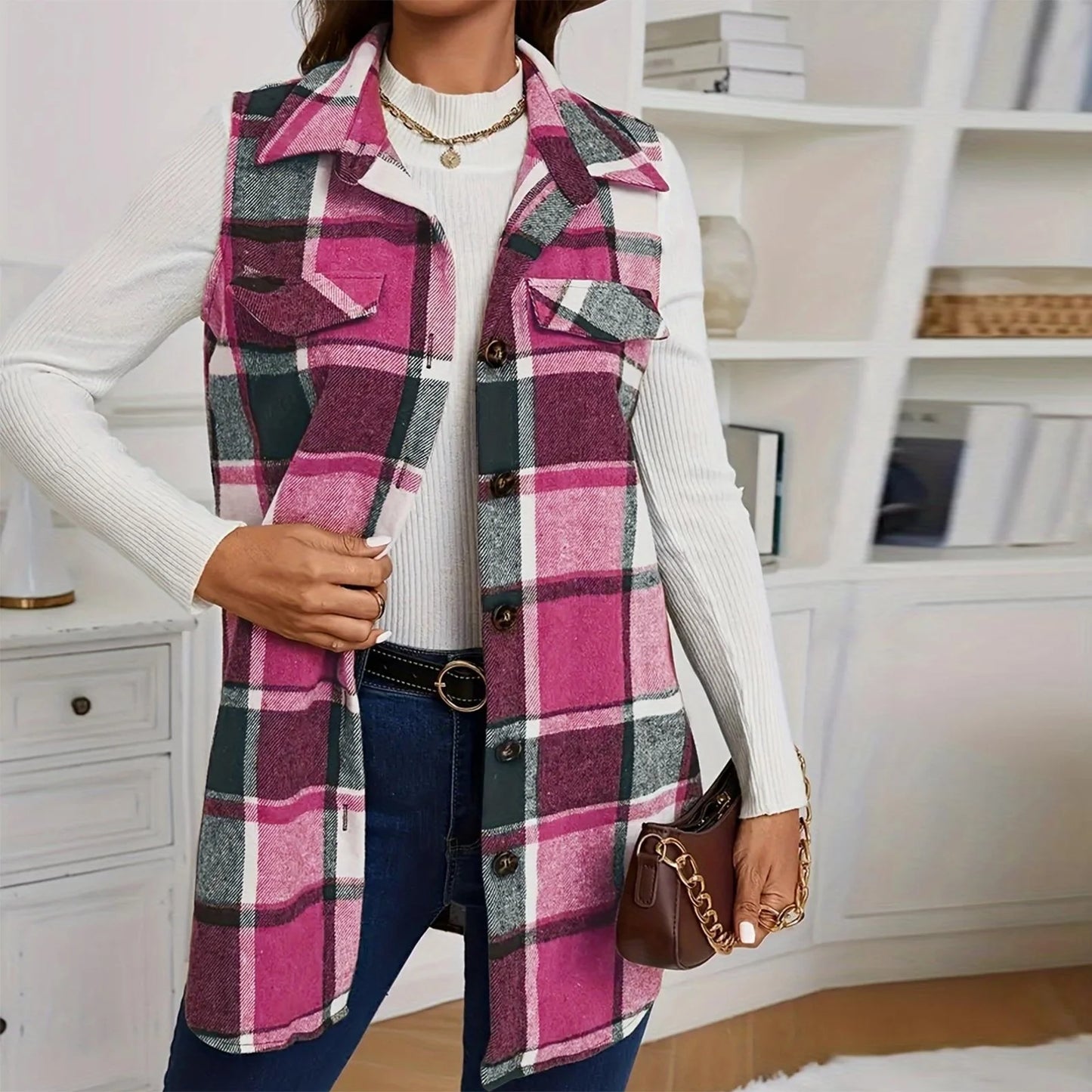 Check Print Sleeveless Jacket with Flap Details – Stylish Plaid Sleeveless Coat for Women