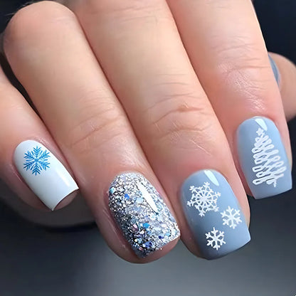 24pcs Merry Christmas Press On Nails Glitter Blue Short Square False Nail With Snowflake Designs French Fake Nail