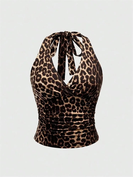 Leopard Printed V-neck Backless Halter Crop Top for Women Summer Sexy Y2K Sleeveless Ruched Top Streetwear
