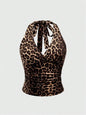 Leopard Printed V-neck Backless Halter Crop Top for Women Summer Sexy Y2K Sleeveless Ruched Top Streetwear