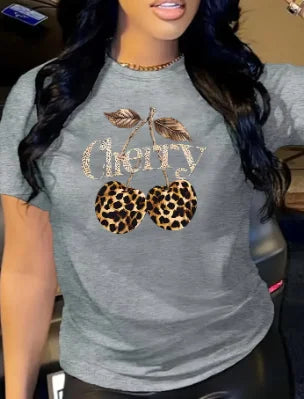 Women's Casual Cherry Print T-Shirt with Leopard Print Cherries & Letter Design - Short Sleeve, Crew Neck  Ladies T Shirts