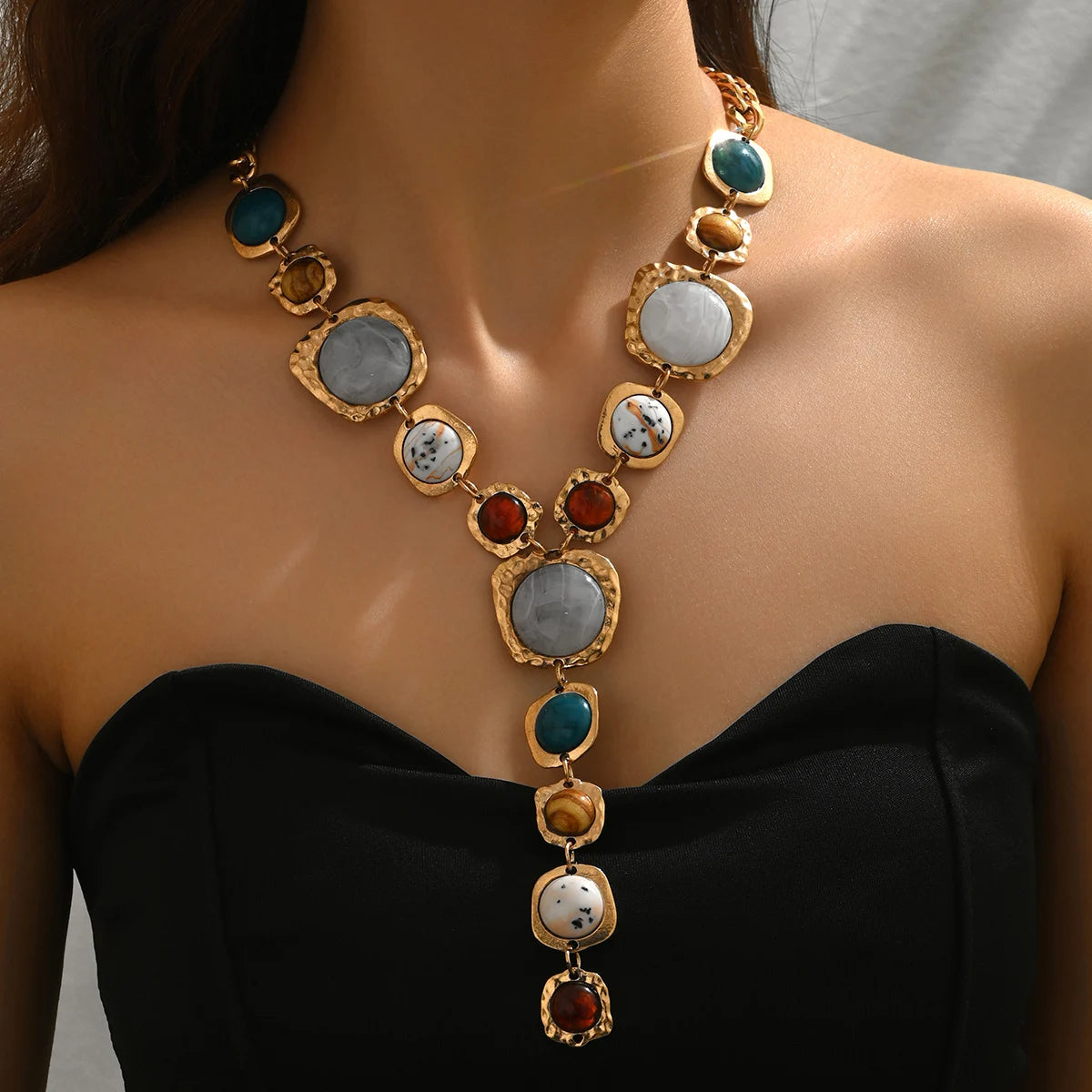 Vintage Exaggerated Y-shaped Long Necklace for Women Stylish Chunky Geometric Pendant Necklaces Boho Fashion Jewelry Accessories