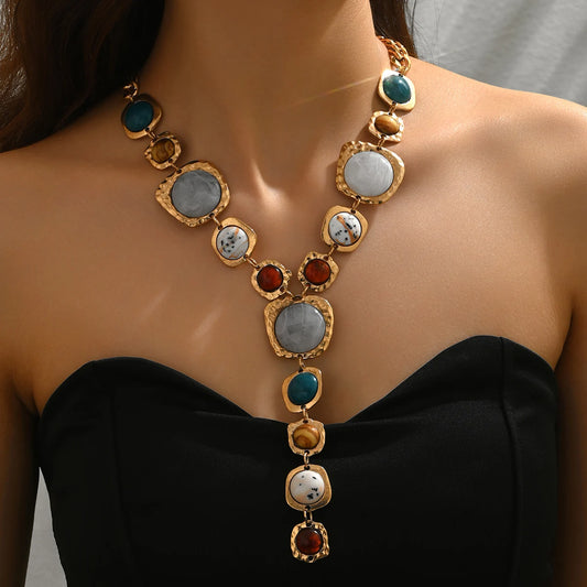 Vintage Exaggerated Y-shaped Long Necklace for Women Stylish Chunky Geometric Pendant Necklaces Boho Fashion Jewelry Accessories