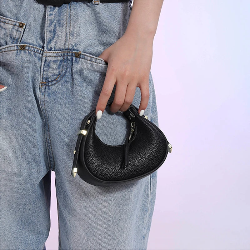 Textured Mini Half Moon Bag Chic Versatile Soft Leather Lipstick Handbags