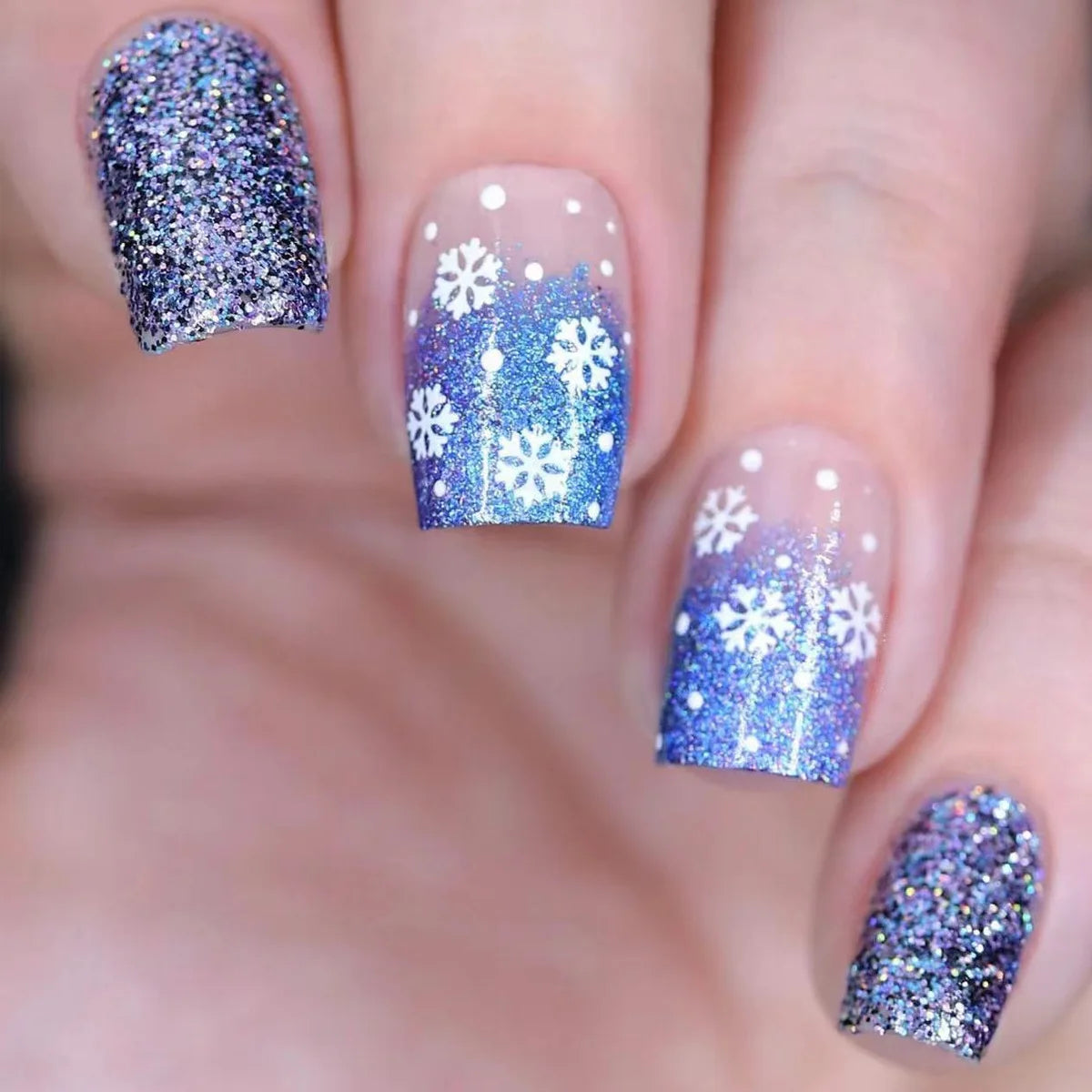 24pcs Merry Christmas Press On Nails Glitter Blue Short Square False Nail With Snowflake Designs French Fake Nail