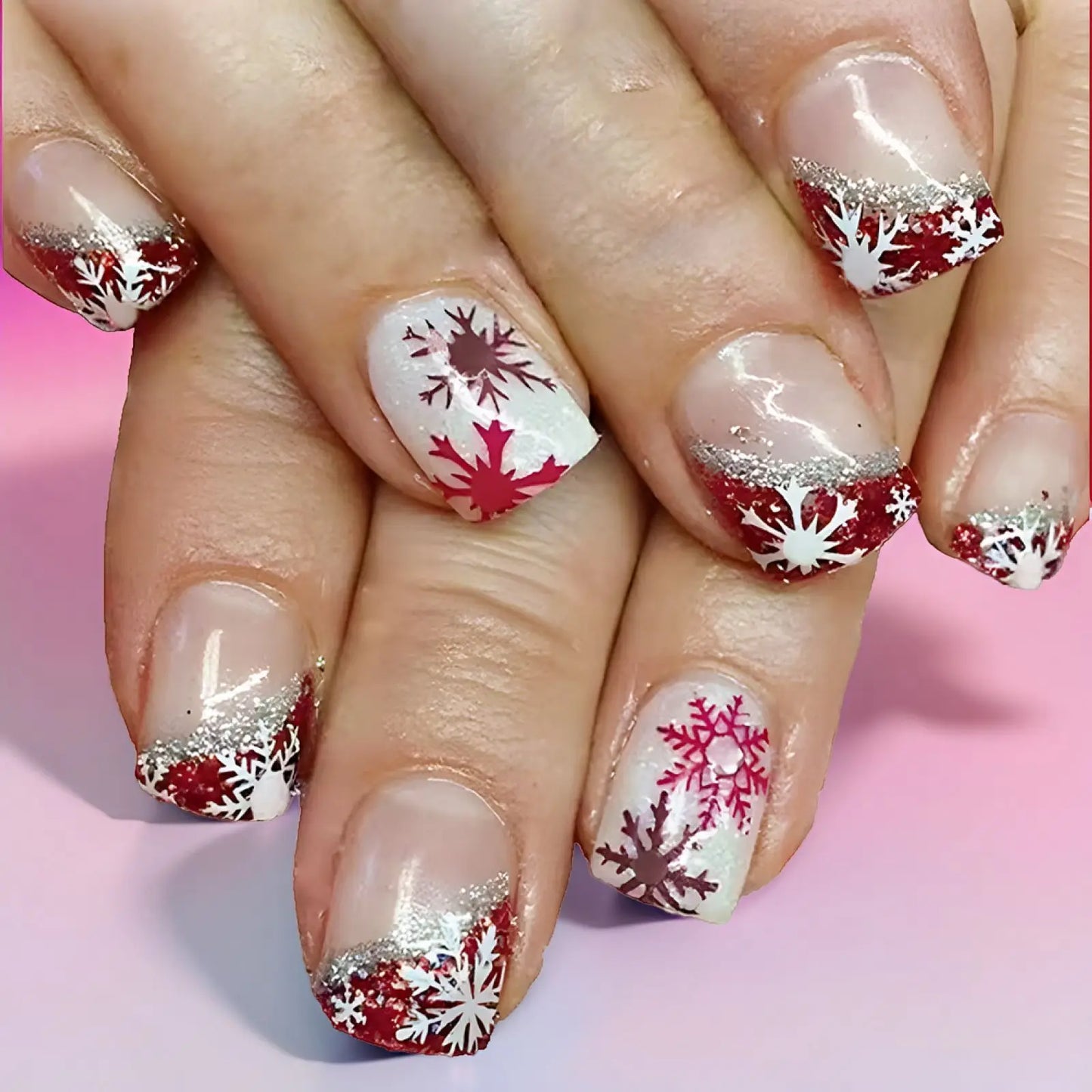 24pcs Merry Christmas Press On Nails Glitter Blue Short Square False Nail With Snowflake Designs French Fake Nail