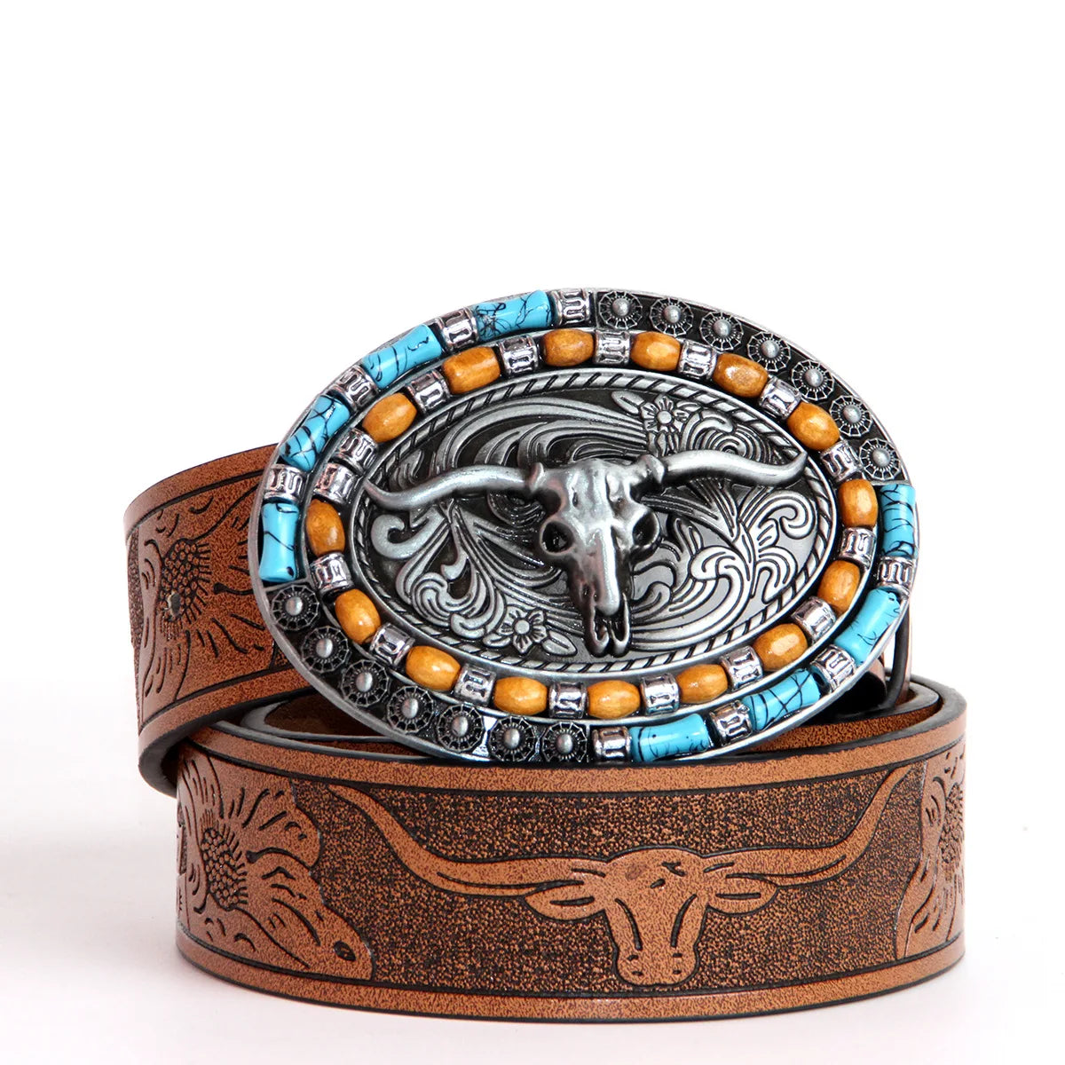 Western Cowboy Cowgirl PU Belts - Women Men Turquoise Embossed Waist Belts With LongHorn Bull Buckles Fit