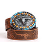 Western Cowboy Cowgirl PU Belts - Women Men Turquoise Embossed Waist Belts With LongHorn Bull Buckles Fit