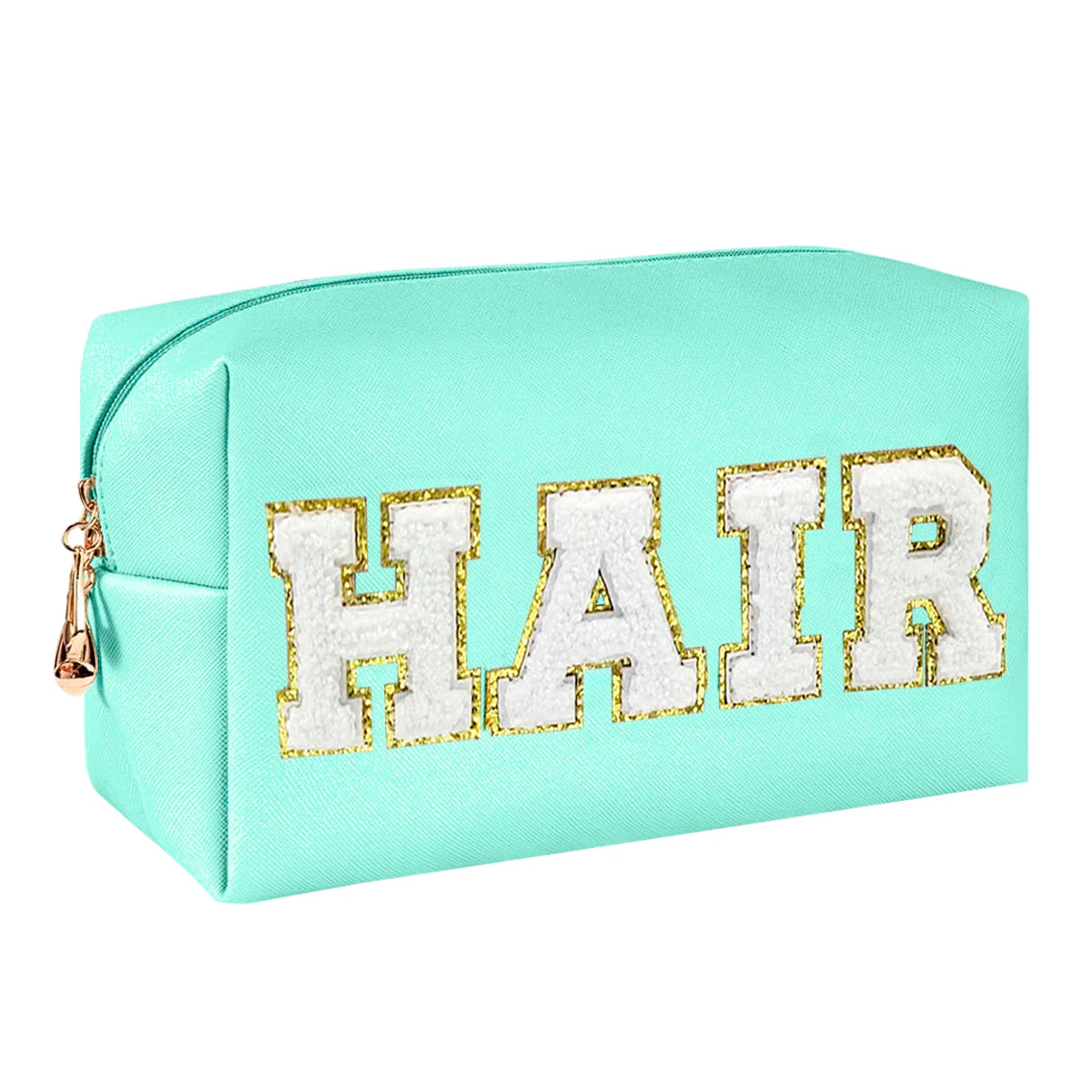 Chenille Letter Cosmetic Bag PU Leather Waterproof Pouch Cute Zipper Organizer, Skin, Hair and Face