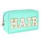 Chenille Letter Cosmetic Bag PU Leather Waterproof Pouch Cute Zipper Organizer, Skin, Hair and Face