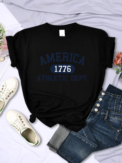 America 1776 Athletic Dept Letter T-Shirt Female Sport Casual Top Cool Hip Hop Tee Shirt Soft Breathable T Shirt Women