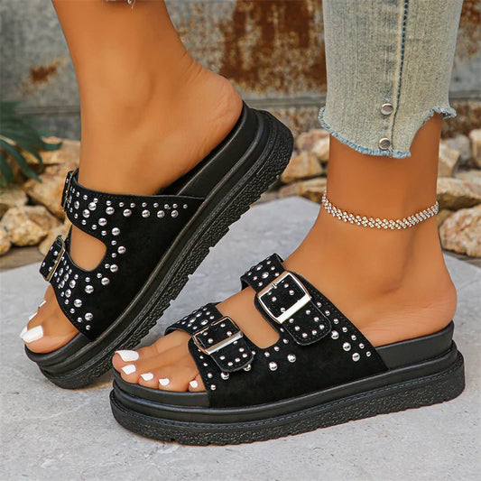 Summer Fashion Comfortable Women's Sandals Roman Metal Breathable Thick Sole Round Head Walking Casual Shoes