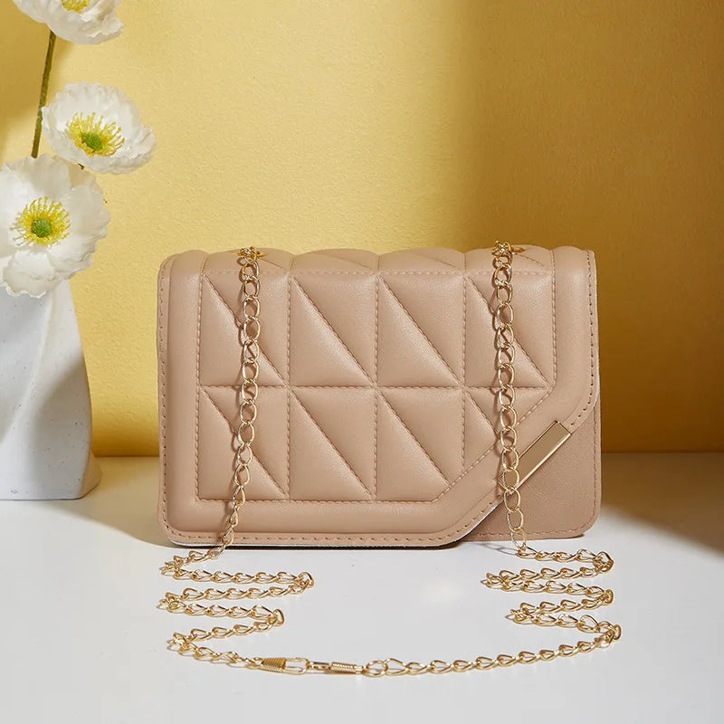 Triangle diamond check embroidery small square bag new fashion with solid color sequin magnetic link crossbody bag